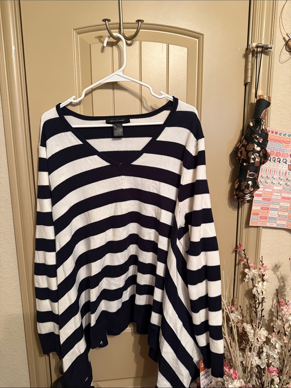 Ashley Stewart Navy and White Striped V-Neck Sweater